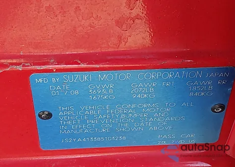 2008 Suzuki Sx4 Convenience Regional Edition/Regional Edition/Touring 2 Regional Edition z USA, uszkodzony, nr VIN JS2YA413385103238